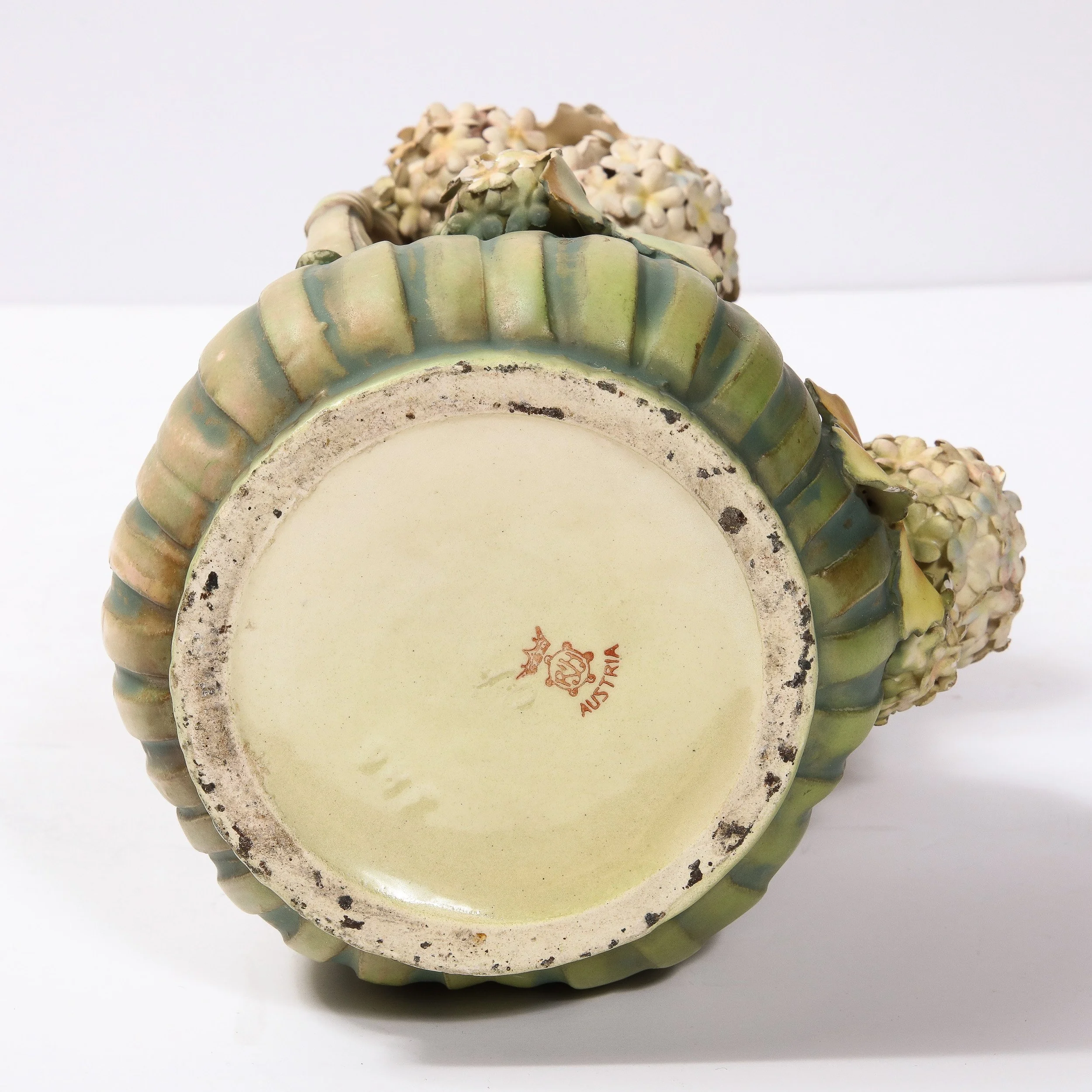 Rare Porcelain Double Handled Hydrangea Motif Antique Vase, Signed
